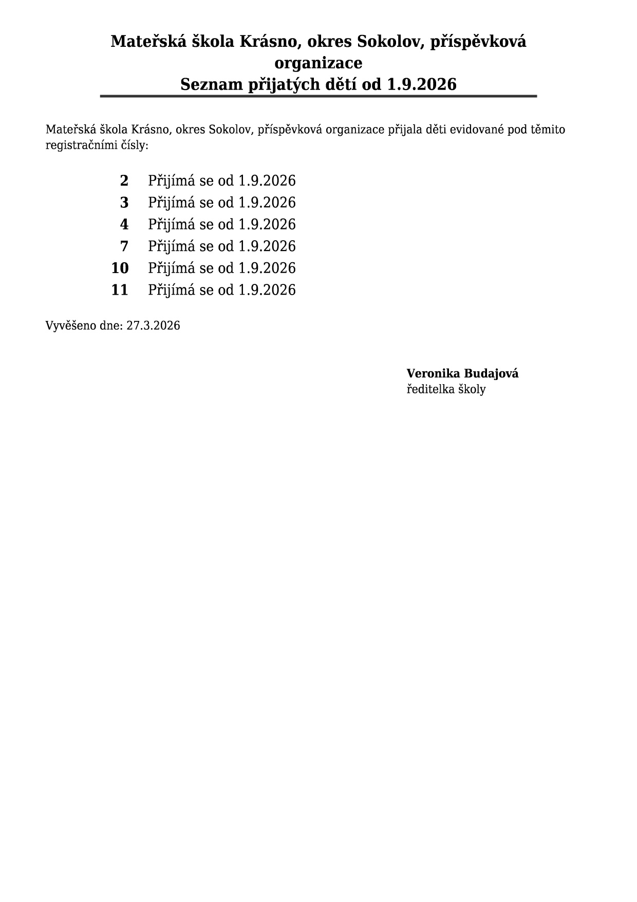 Seznam přijatých dětí na školní rok 2026/2027